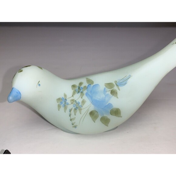 Fenton Satin Art Glass Bird of Happiness Hand Painted Blue Roses Paperweight - Picture 2 of 8